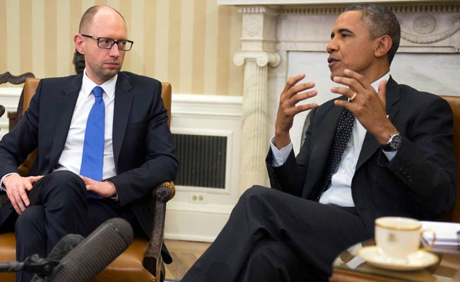 Interim Prime Minister Arseny Yatsenyuk meets President Obama at White House, March 2014 (White House photo)