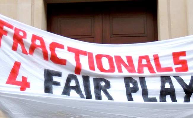 Fair Play For Fractionals banner at SOAS. Photo: Tom King