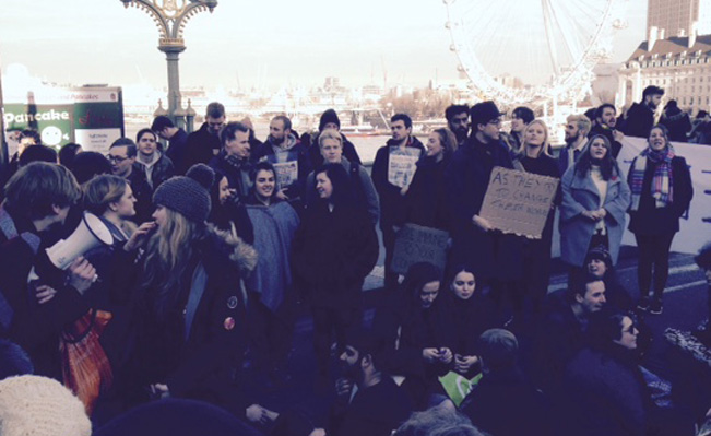 Students block traffic on Westminster Bridge