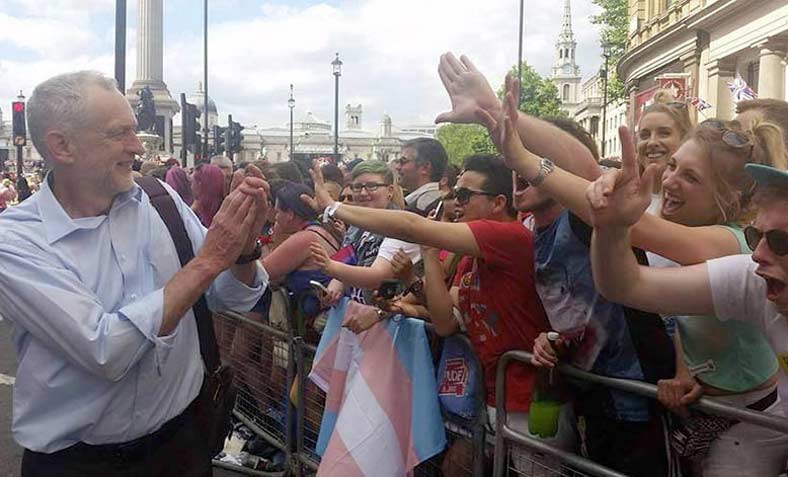 Jeremy Corbyn is greeted by supporters at the 'International Day Against Homophobia, Biphobia & Transphobia'. Photo: Jeremy Corbyn