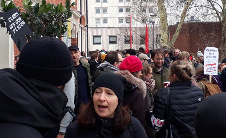 Lecturers, students and supporters on the picket line outside the front entrance of Goldsmiths. Photo: Cameron Panting