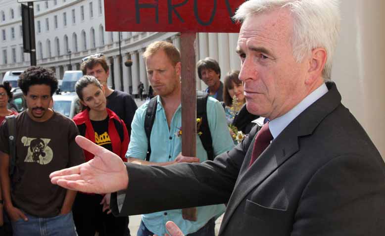 John McDonnell and Residents and supporters of Grow Heathrow outside Central London County Court. Photo: Jonathan Goldberg