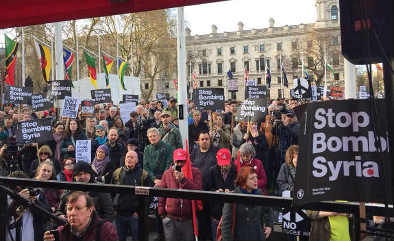 Stop The Rush to War: Don't Bomb Syria protest in Parliament Square, 16th April. Photo: Maz Saleem