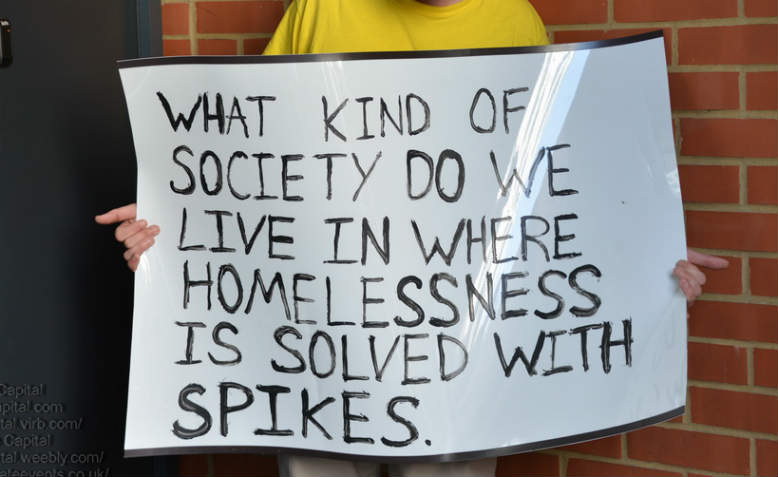 Placard from protest against anti-homeless spikes outside apartments in London, June 2014. Photo: Flickr/See Li