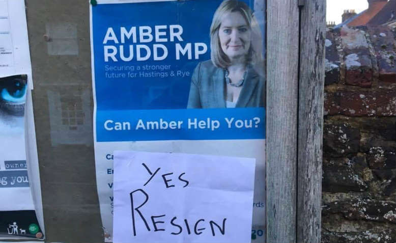 Sign telling Amber Rudd to resign in Hastings. Photo: Chrissy Brand