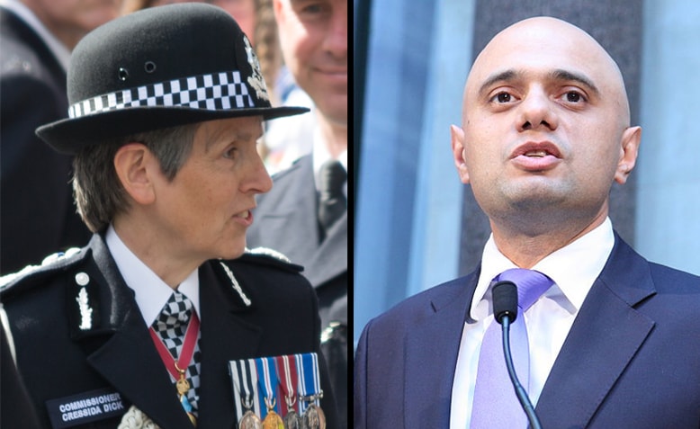 Cressida Dick, Commissioner of the Metropolitan Police, and Sajid Javid, Home Secretary. Photos: Wikimedia Commons