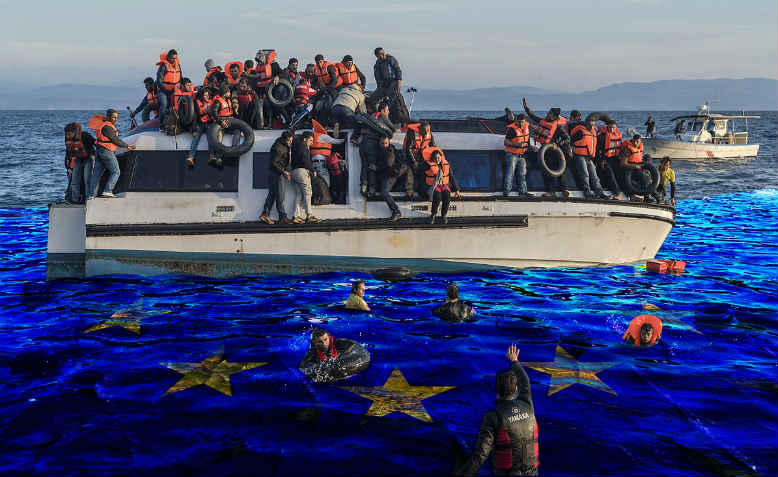 Refugee boat in the Mediterannean Sea. Edited by Shabbir Lakha, Photos: Wikimedia Commons, Pixabay