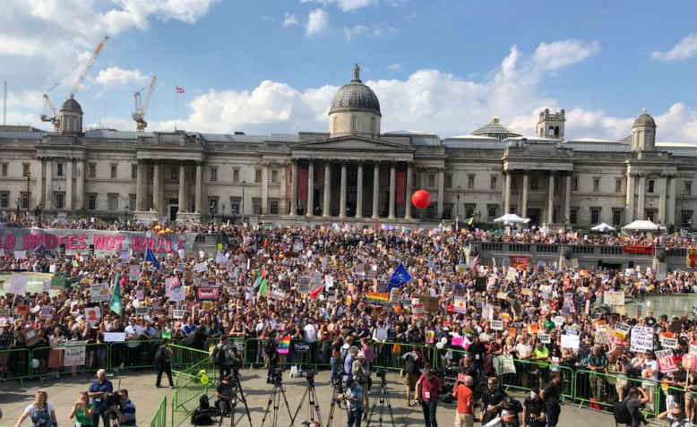 Rally at Trafalgar Square during the 250,000 strong Together Against Trump demonstration, Friday 13 July. Photo: Shabbir Lakha