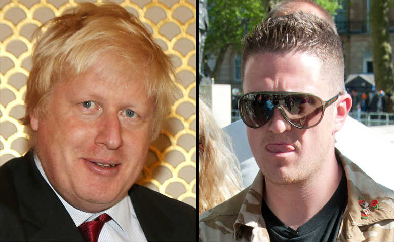 Boris Johnson, Tommy Robinson. Photos: Wikimedia Commons, Flickr/Andy Thornley