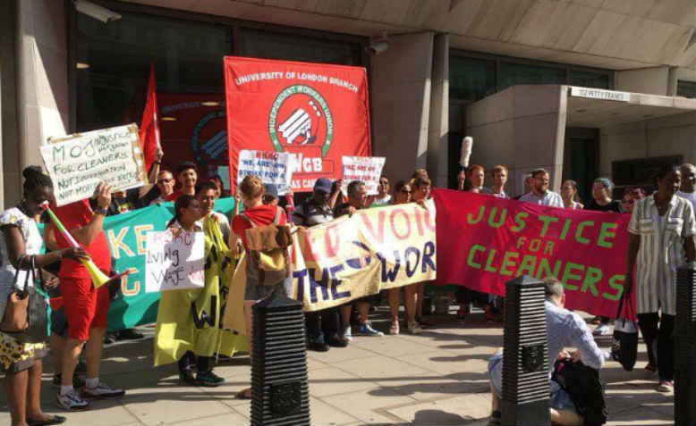 Cleaning staff on strike outside the Ministry of Justice, Tuesday 7th August. Photo: Twitter/@UVWunion