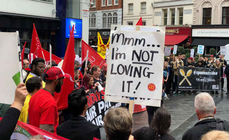 #FFS410 strike rally in Leicester Square, 4 October 2018. Photo: Shabbir Lakha