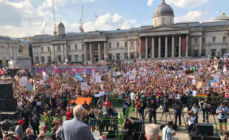 Jeremy Corbyn speaking at the Trump demonstration, July 2018. Photo: Shabbir Lakha