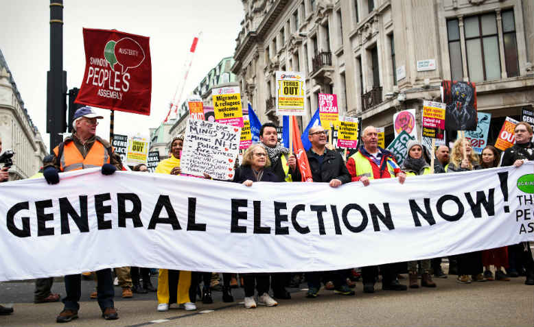 Front banner on the Britain is Broken: General Election Now demonstration, 12 January 2019. Photo: Jim Aindow