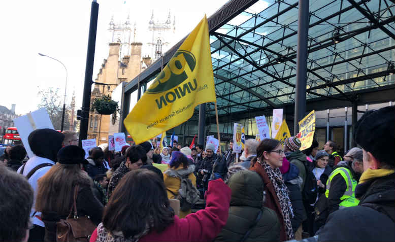 Joint PCS and UVW strike rally outside Department for BEIS, 22 January 2018. Photo: Shabbir Lakha