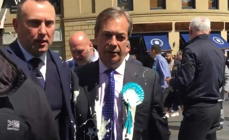 Nigel Farage gets milkshaked in Newcastle. Photo: YouTube/screenshot