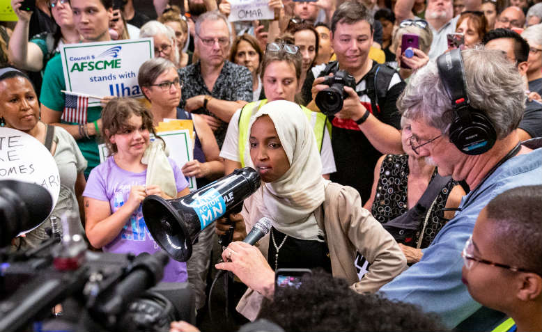 Ilhan Omar arrives in Minnesota after Trump's attacks, July 2019. Photo: Lorie Shaull