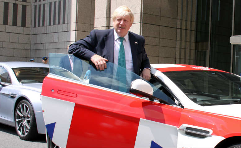 Boris Johnson in a Union Jack-covered supercar. Photo: Wikimedia Commons