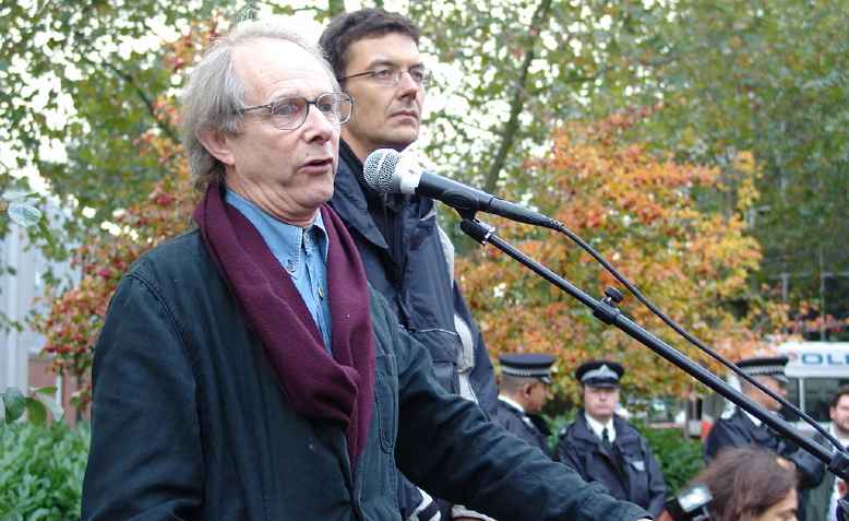 Ken Loach speaks at a rally for low-paid cleaners in London's docklands. Photo: Bryce Edwards