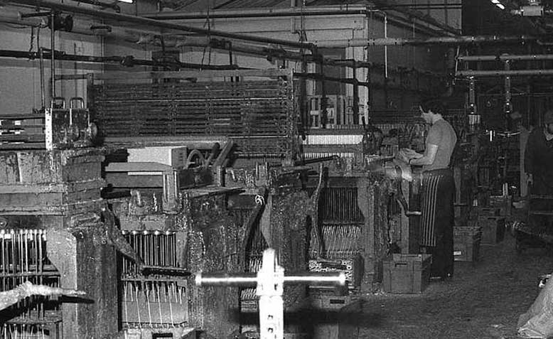 Factory with hand operated machines, 1970s. Source; Wikipedia