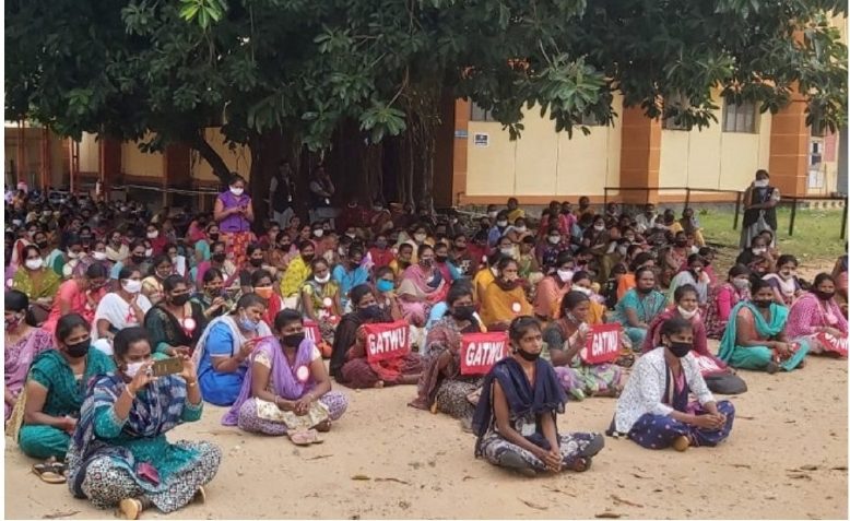 Indian textile workers protest outside factory, June 2020. Photo: Working Class India via Twitter