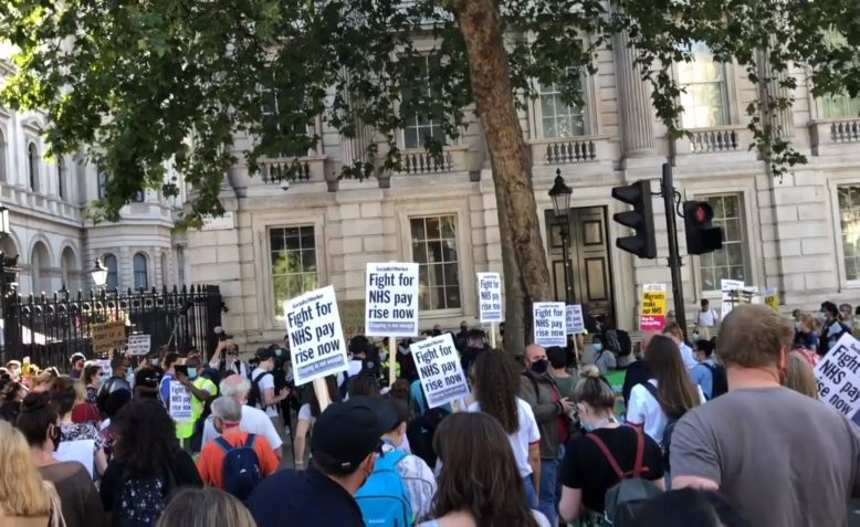 NHS workers protest low pay in London, July 2020. Photo: Lucy Nichols