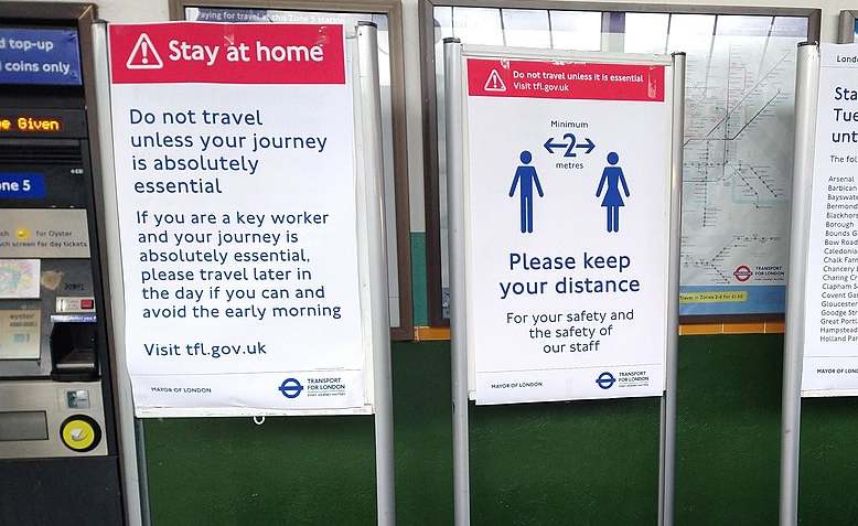 TfL ran services all through the Lockdown. Here are some Coronavirus safety notices. Photo: Philafrenzy / Wikimedia Commons / cropped original image / licensed under CC 4.0, linked at bottom of article