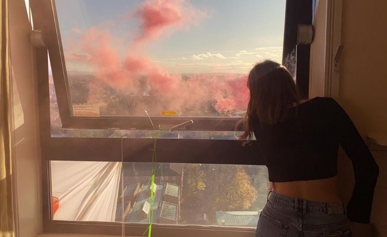 University of Manchester students dropping banners during occupation.