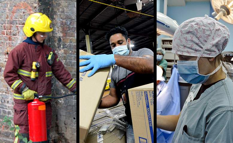 Firefighter, distribution centre worker and health worker