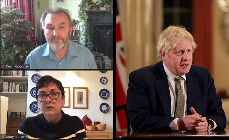 Left: Joint General Secrataries of the NEU, Kevin Courtney and Dr Mary Bousted. Photo: @neunion / Twitter. Right: Boris Johnson announces lockdown. Photo: Pippa Fowles / No 10 Downing Street / CC BY-NC-ND 2.0, license linked at bottom of article