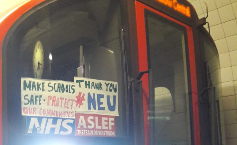 Sign supporting the NEU on the London Underground. Photo: Unjum Mirza