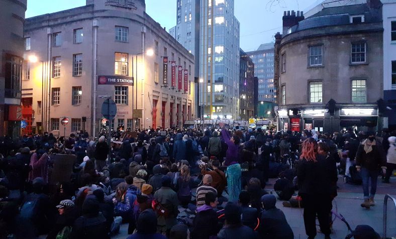 Friday 26 March 'Kill the Bill' sit-in protest outside Bridewell Police Station in central Bristol.