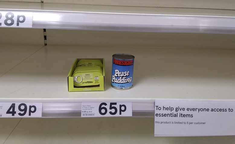 Empty shelves at Tesco’s, Liverpool 2020. Photo: Flickr/Dark Dwarf 