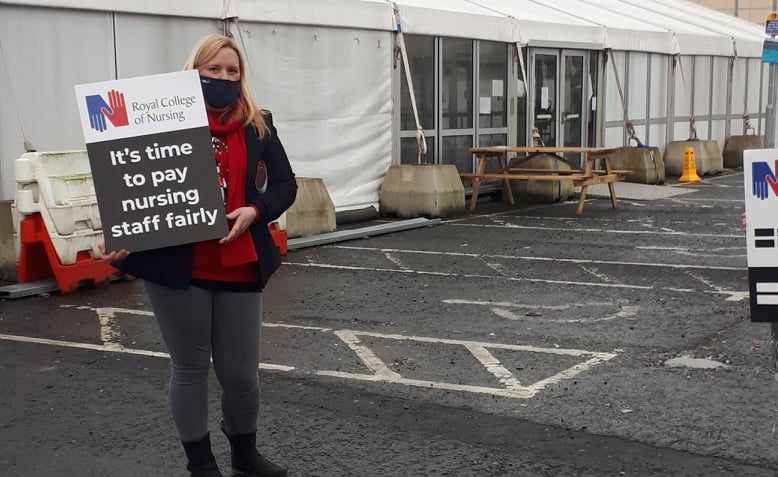 Striking RCN member at the Belfast Royal Victoria Hospital in December 2020. 