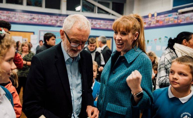 Angela Rayner with Jeremy Corbyn at a school at Willenhall in December 2019.