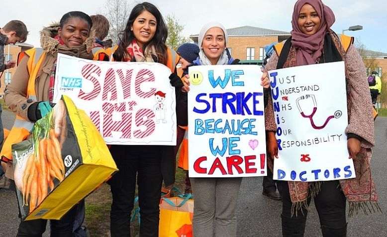 Old picture of Junior Doctors outside Norfolk and Norwich University Hospital.