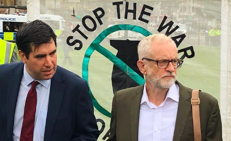 Richard Burgon and Jeremy Corbyn with Stop the War banner