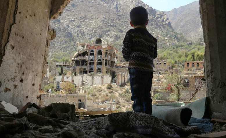 Buildings destroyed by a Saudi airstrike in Yemen