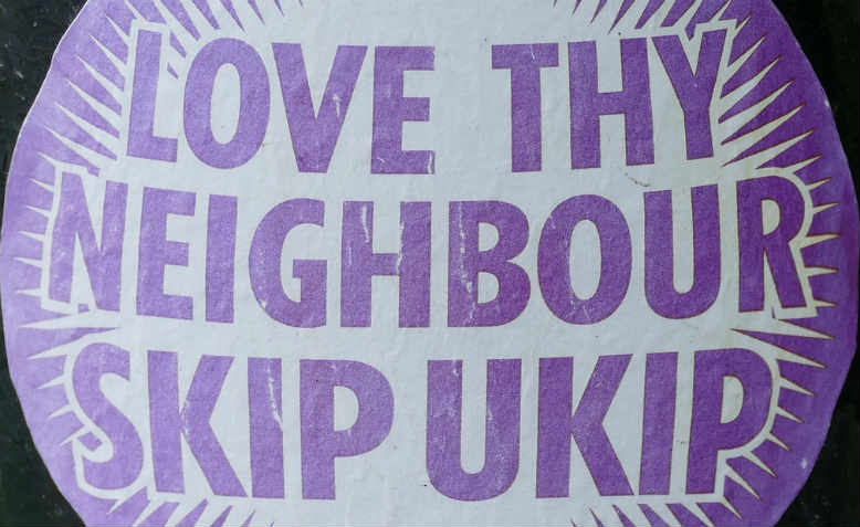 LOVE THY NEIGHBOUR SKIP UKIP anti-Ukip sticker, Cambridgeshire, 2015. Photo: Flickr/ Leo Reynolds