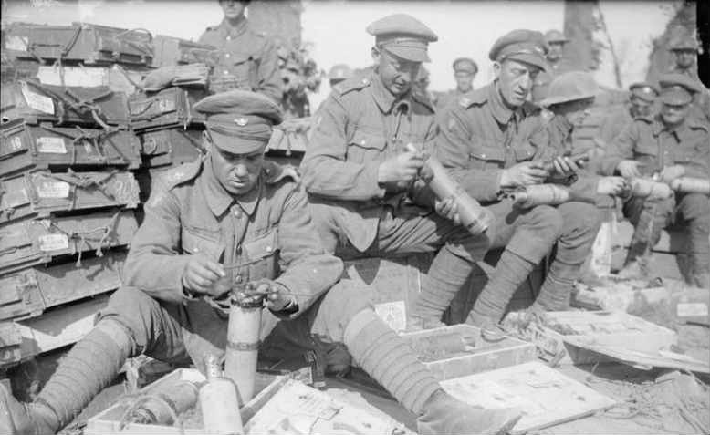  Men of the King's Own Yorkshire Light Infantry fusing trench mortar shells at The Battle of Passchendaele, 1917. Photo: Wikimedia/John Warwick Brooke