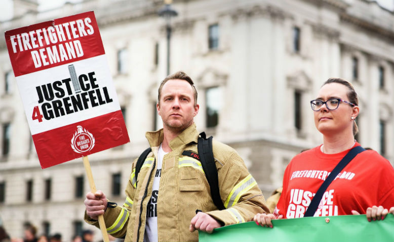 Fire Brigade Union members at march for Grenfell Tower victims 15th June 2019. Photo: Orlando Hill