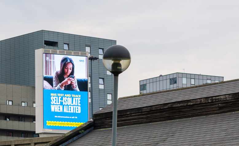 NHS test and trace billboard in East London, June 2020: Photo: Wikimedia/S.Hinakawa