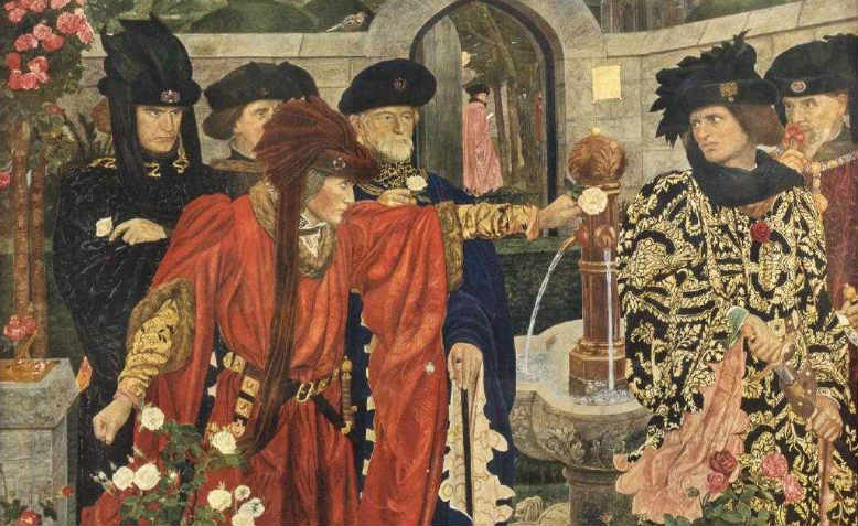 Detail from Plucking the Red and White Roses in the Old Temple Gardens (1908) by Henry Arthur Payne as depicted in Shakespeare’s Henry Vi, Part I. Image: Wikimedia 