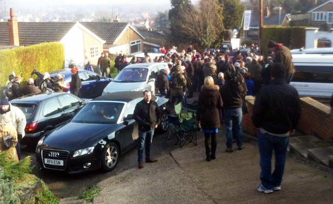 Protestors outside Tom Crawford's home. Photo: Rajiv Popat / ITV News