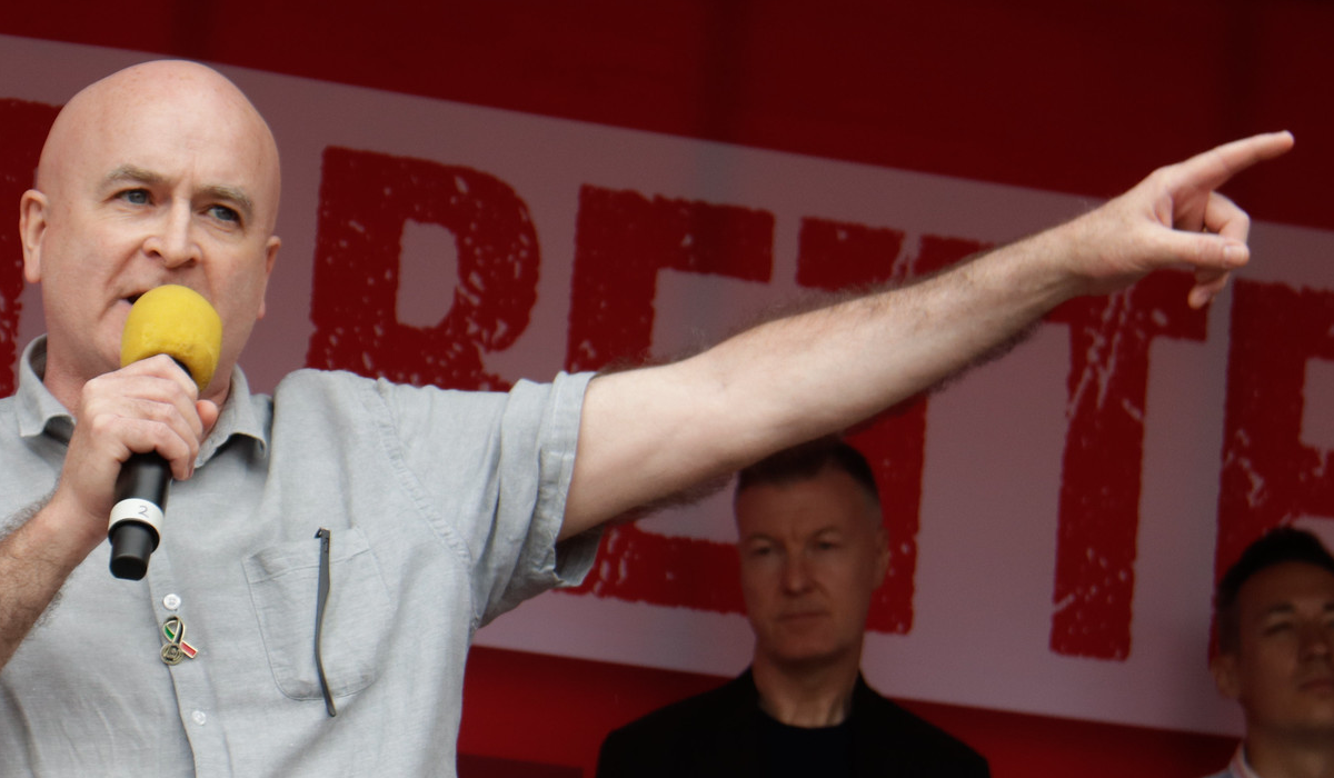 RMT’s Mick Lynch speaking in Parliament Square, June 2022. Photo: Flickr/Steve Eason