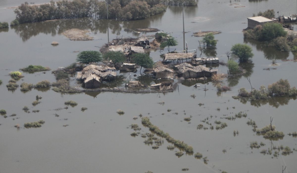 Aerial view of flood damage shot from an helicopter during humanitarian assistance efforts in the southern Pakistan region.