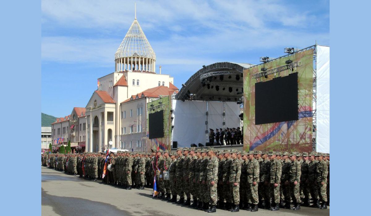 Oct 2017: Nagorno Karabakh Defense Army troops assemble before the National Assembly building on Renaissance Square in Stepanakert