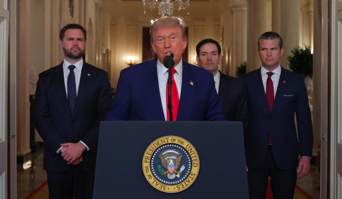 Donald Trump giving a statement after bombing Iran