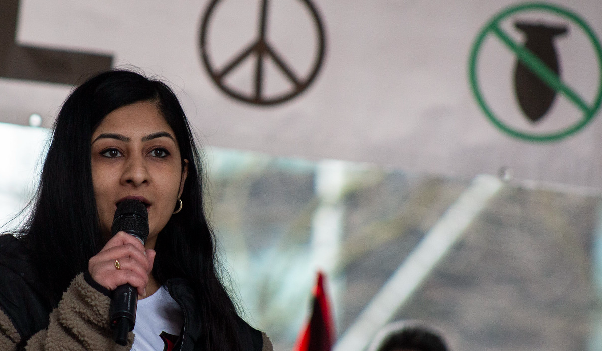 Zarah Sultana MP addressing a national march for Palestine at Westminster, February 2025. Photo: Flickr/Steve Eason