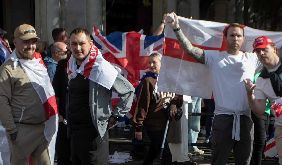 Tommy Robinson supporters assembling in central London, September 2025. Photo: Flickr/Steve Eason