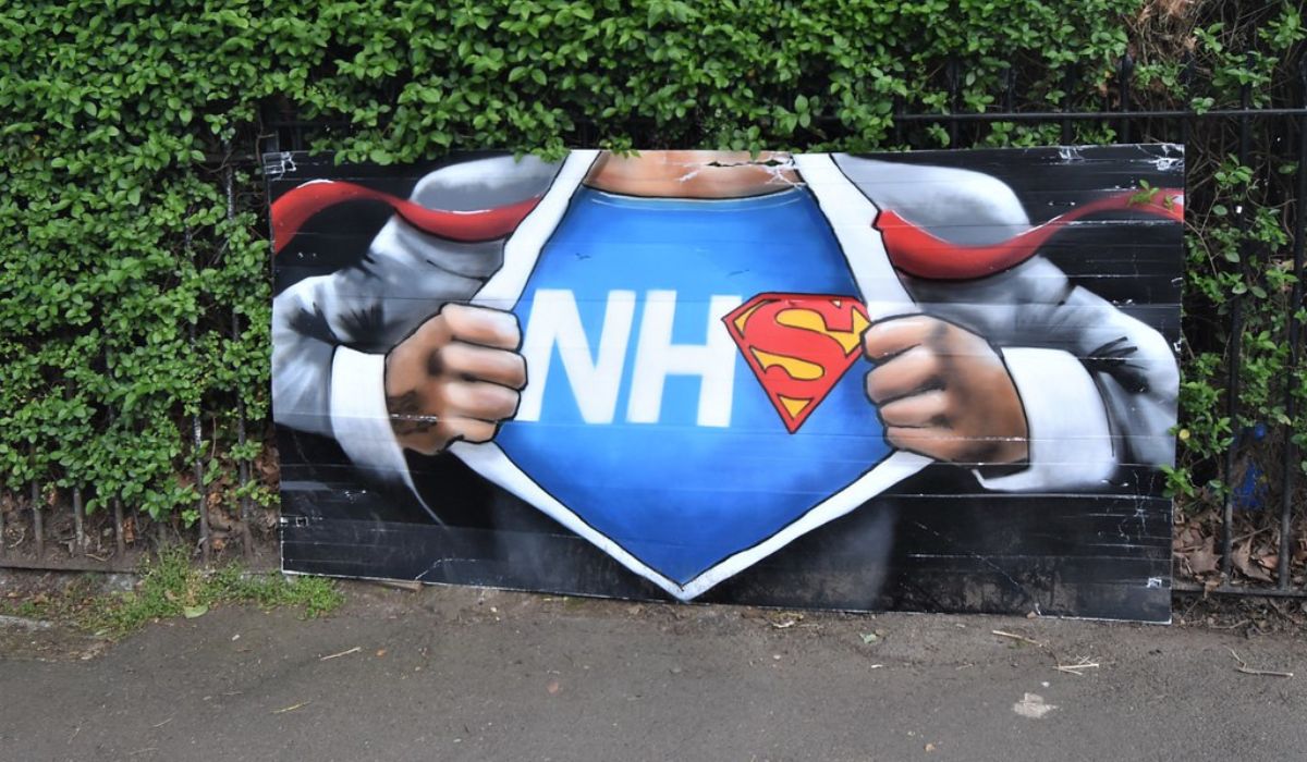NHS superhero street art on Hilly Fields, Brockley, South London.